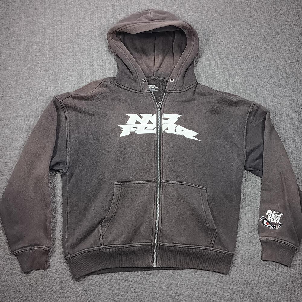 No Fear Hoodie Mens Large Gray Full Zip Boxy Fit Graphic Logo Fleece Sweatshirt